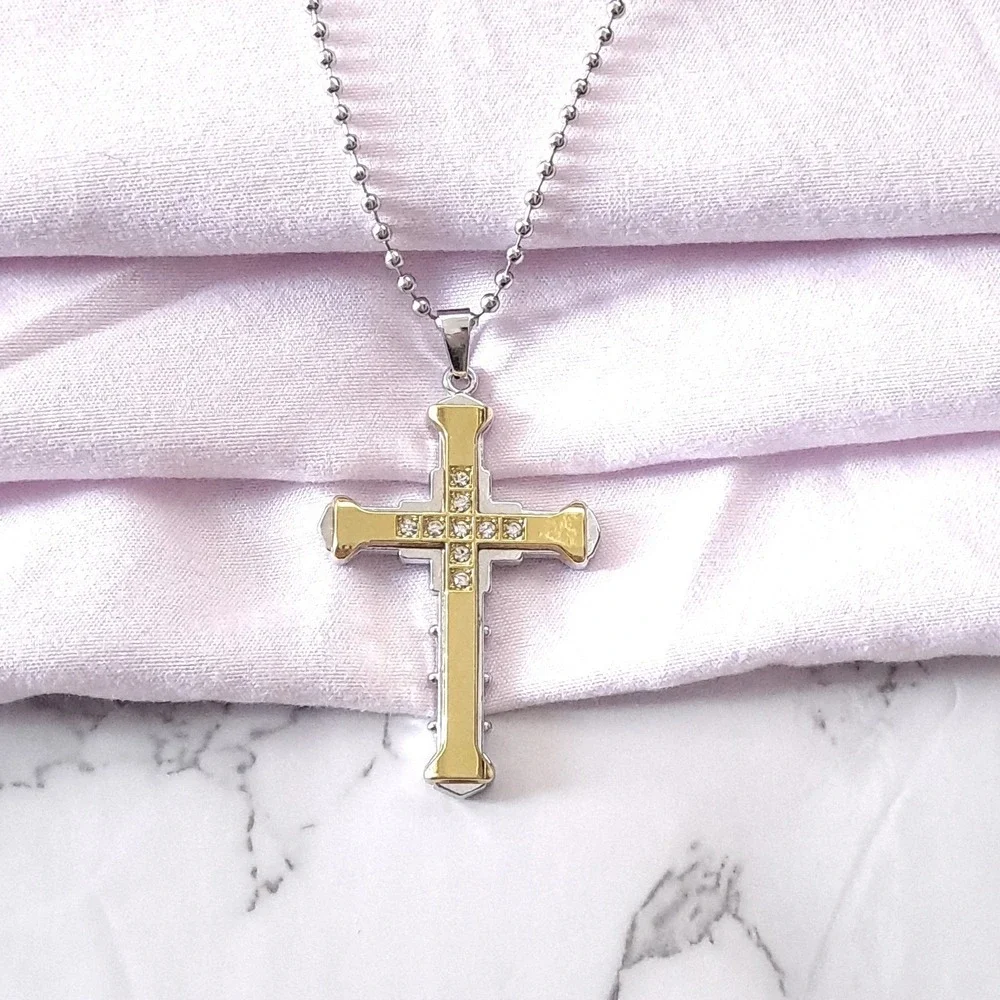 New Boutique Cross‎ Pendant Necklace Unisex Gold Silver Two Tone Crystal Inlay
